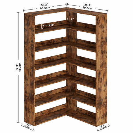 Industrial 6-Tier Corner Bookshelf with Baffles - Vintage Brown Decorative Storage Rack for Home & Office IRONCK