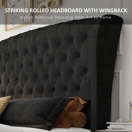 AMERLIFE King Size Platform Bed Frame, Velvet Upholstered Sleigh Bed with Scroll Wingback Headboard & Footboard/Button Tufted/No Box Spring Required/Easy Assembly/Black AMERLIFE