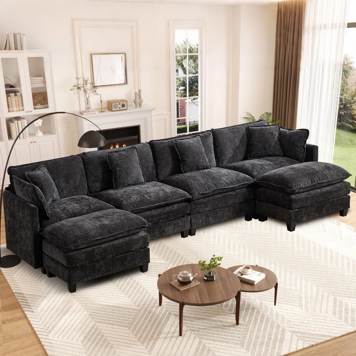 Oversized 149.6" Modular Sectional Sofa - 4 Seater Convertible Chenille Deep Seat Cloud Couch with Ottoman & Pillows for Small Space, Black SoarTalent