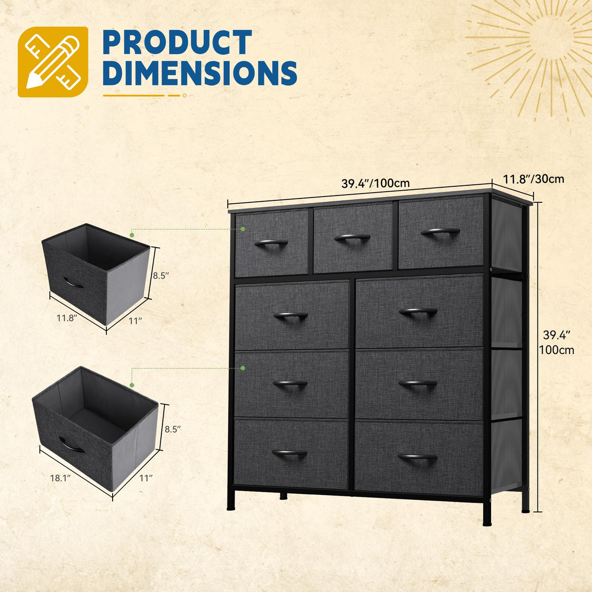 DWVO 9 Drawers Dresser for Bedroom, Fabric Storage Tower for Living Room, Entryway - Sturdy Steel Frame, Wooden Top & Easy Pull Fabric Bins DWVO