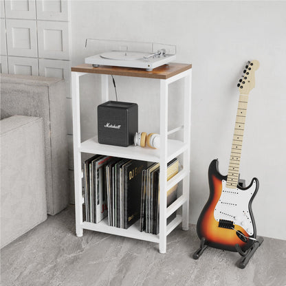 YAKANJ End Table with LED Light,Record Player Stand with Albums Storage,Vinyl Records Storage,Turntable Stand Side Table for Music Room Studio Living Room Bedroom-White - WoodArtSupply