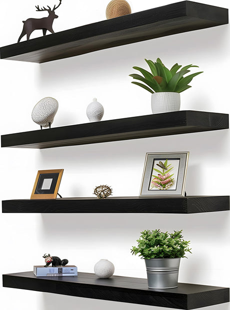 GXYAWPJ Wood Floating Shelves for Wall, Rustic Black Wall Shelves for Bedroom, Set of 4 GXYAWPJ