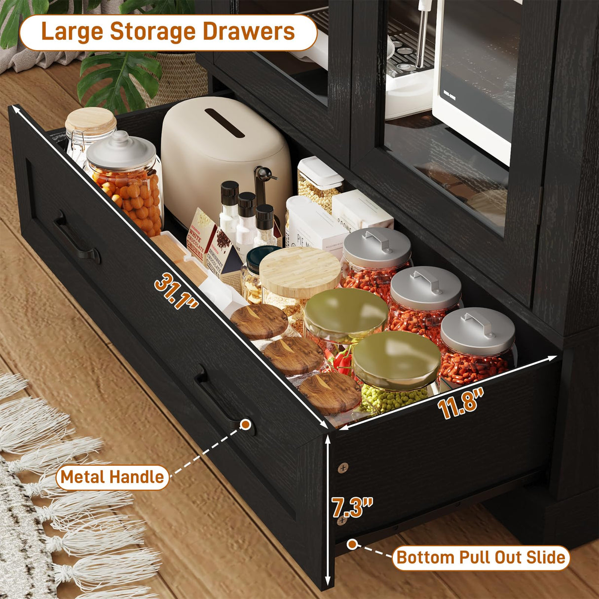 75" Tall Arched Kitchen Pantry Cabinet w Load-Bearing Steel Pipe,Modern Farmhouse Kitchens Storage Cabinet with Drawer and Glass Doors,Tall Arched Bookcase,Pantry Organizer(Woodgrain Black) chartustriable