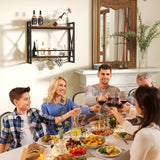 Giantex Industrial Wall Mounted Wine Rack, 2-Tier Metal Hanging Wine Bottle Glass Rack with 14-Bottle & 12-Mug Holders, Wall Wine Floating Shelves for Home Bar, Kitchen, Dining Room, Rustic Brown Giantex