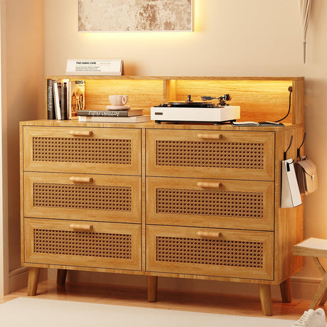 Dresser for Bedroom, 6 Drawer Boho Dresser with LED Light, Rattan Chest of Dressers, Modern Wood Dresser Chest, BesideTable for closet,Storage Organizer Cabinet for Hallway Entryway LivingRoom Natural Hiwelldas