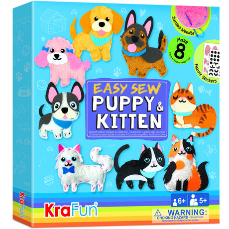 KRAFUN Easy Sewing Kit for Beginner Kids Arts & Crafts, 8 Easy DIY Projects of Stuffed Animal Dolls of Puppies & Kittens, Dogs and Cats, Instructions & Felt, Gift for Girls, Boys, Learn to Sew KRAFUN