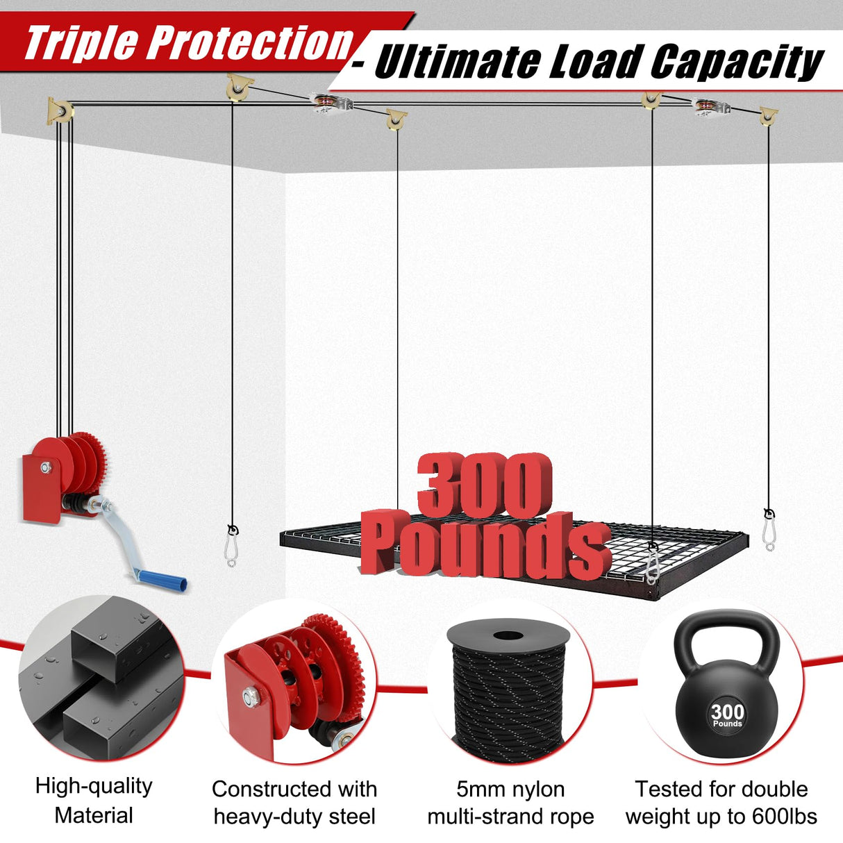 Drizzlen Overhead Garage Storage Lift,Heavy-Duty 300lbs Capacity Ceiling Rack System,Adjustable Height,Supports 8-16ft Ceilings,Overhead Garage Storage rack(Deck Not Includ) Drizzlen