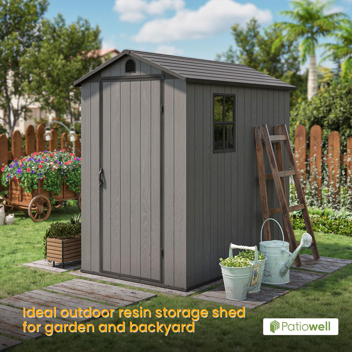 Patiowell 4' x 6' Outdoor Storage Shed with Floor, Plastic Shed Outside Resin Tool Shed with Window and Lockable Door for Backyard Garden Patio Lawn, Dark Grey (Fit-it Shed) Patiowell