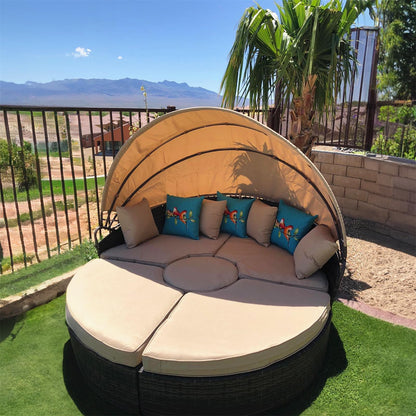 SUNCROWN Outdoor Patio Round Daybed with Retractable Canopy, Brown Wicker Furniture Sectional Couch with Washable Cushions, Backyard, Porch - WoodArtSupply