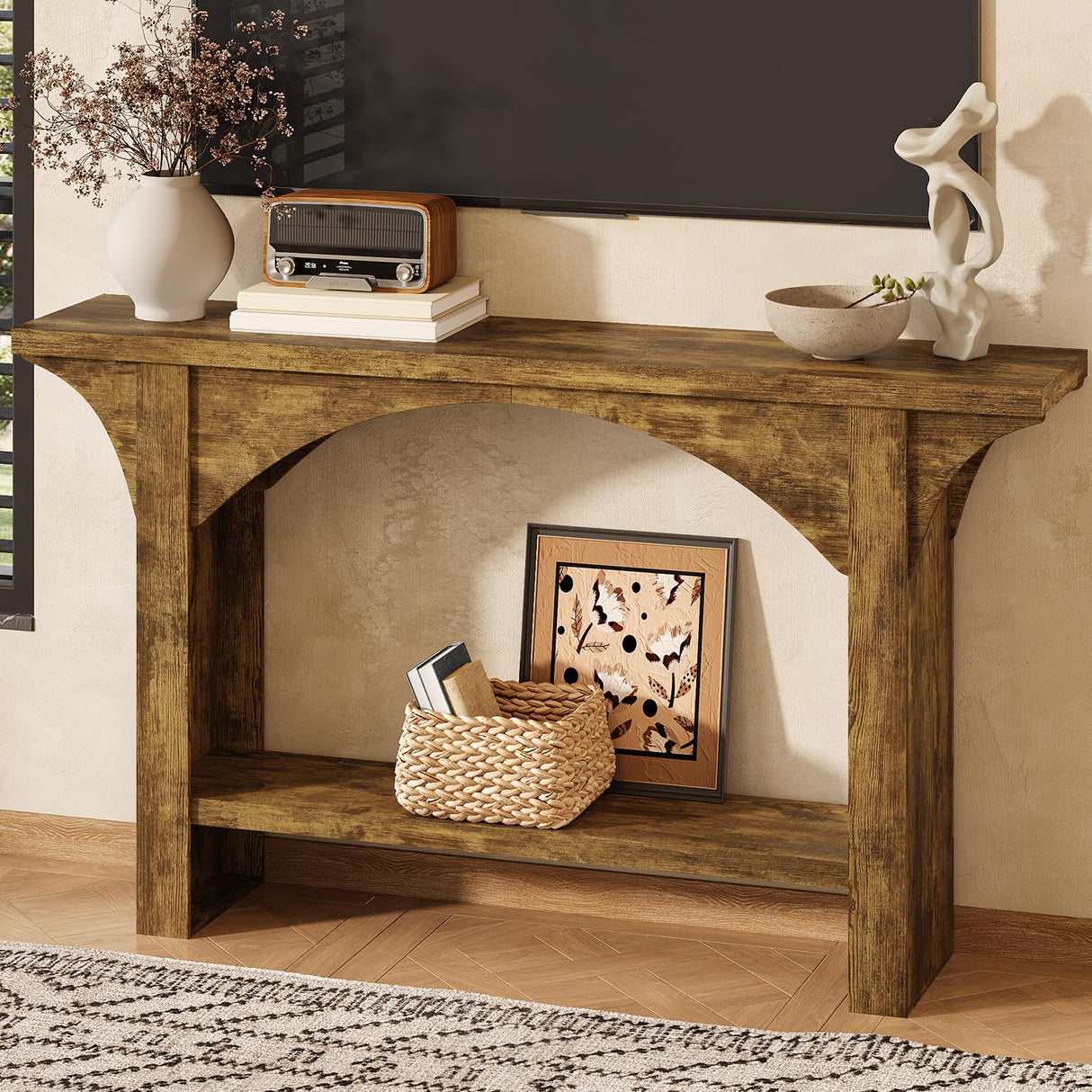 Tarnorci 55 Inches Console Table,2 Tier Farmhouse Entryway Table,Narrow Wood Accent Tables with Storage Shelves for Living Room,Entrance,Hallway,Foyer (Brown) Tarnorci