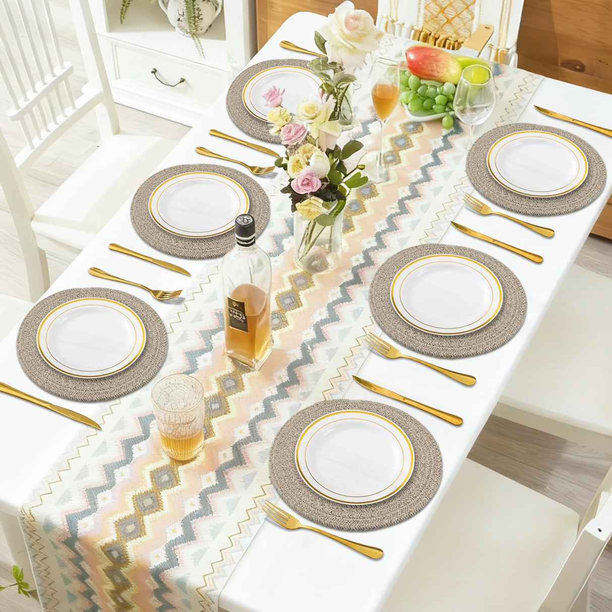 Round Placemats Set of 6, Cotton Rope Woven Table Mats, Hot Pads for Kitchen, Non Slip Heat Resistant Place Mats, 13 Inches Braided Placemat for Farmhouse Decor and Kitchen Table Decor (Brown) Jukercici