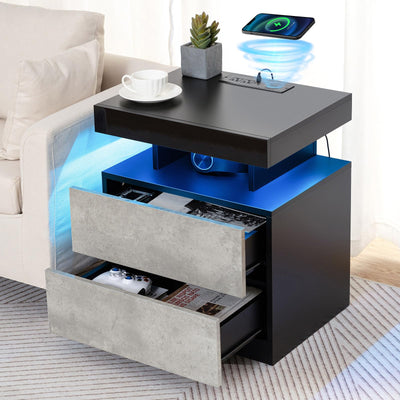 HOMMPA LED Nightstand with Wireless Charging Station & USB Ports High Gloss Bedside Table with LED Light RGB Adjustable Brightness Smart Nightstand 2 Drawers Night Stand for Bedroom Grey