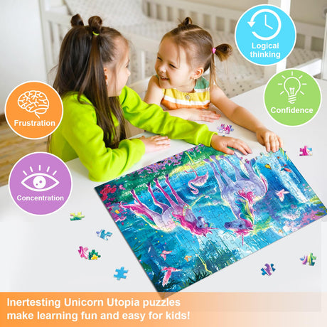 Fishwisdom 200 Pieces Jigsaw Puzzles for Adults and Teens and Kids Family Happy Games Princess Unicorns World for Girls (Unicorns' Rainbow Play) fishwisdom