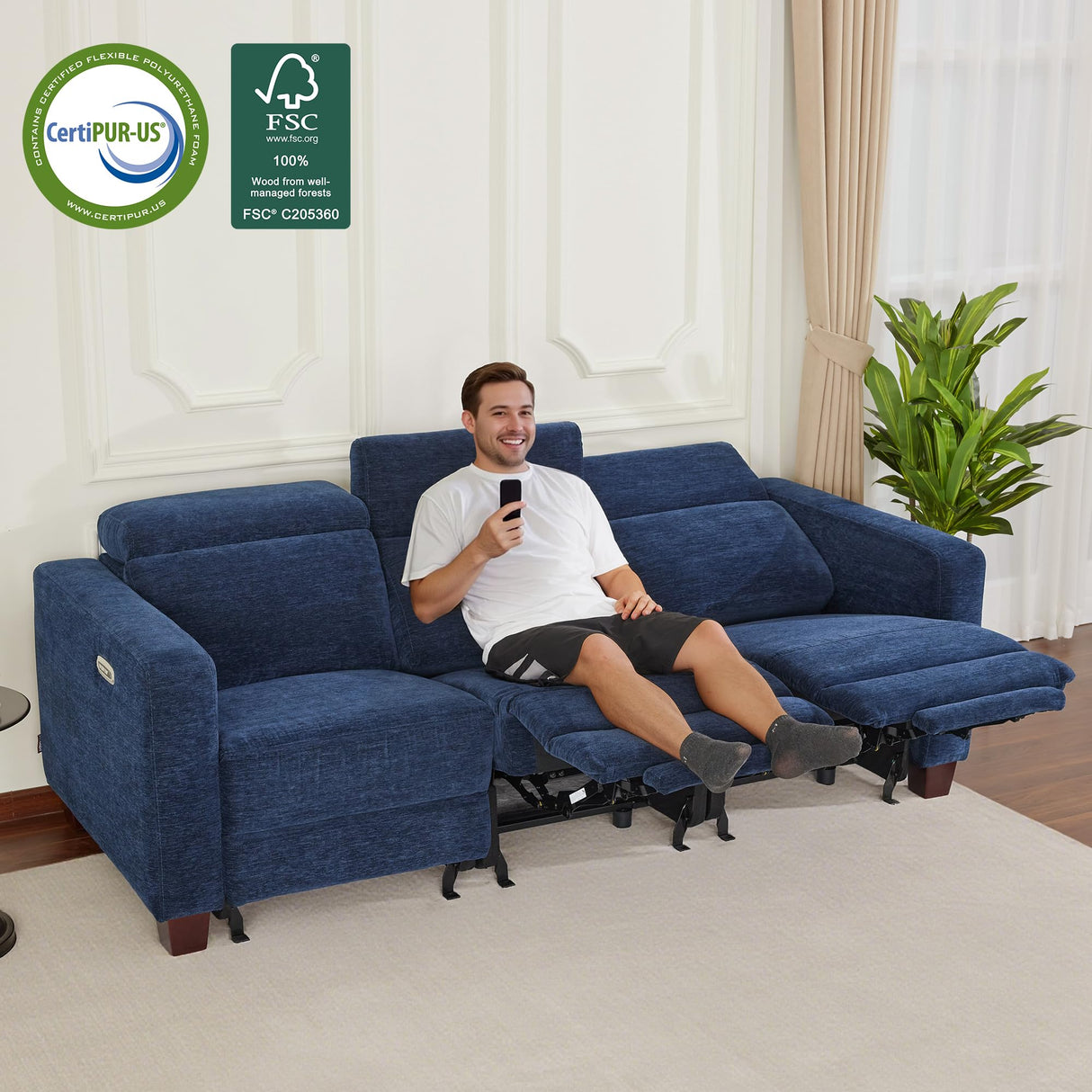 MCombo Zero Wall Recliner Sofa, Power Reclining Sofa, Wall Hugger Power Recliner Sofa with Adjustable Headrest, USB & Type C Ports, for Living Room, Fabric, HL198M3 (Navy Blue, 3-Seater) MCombo