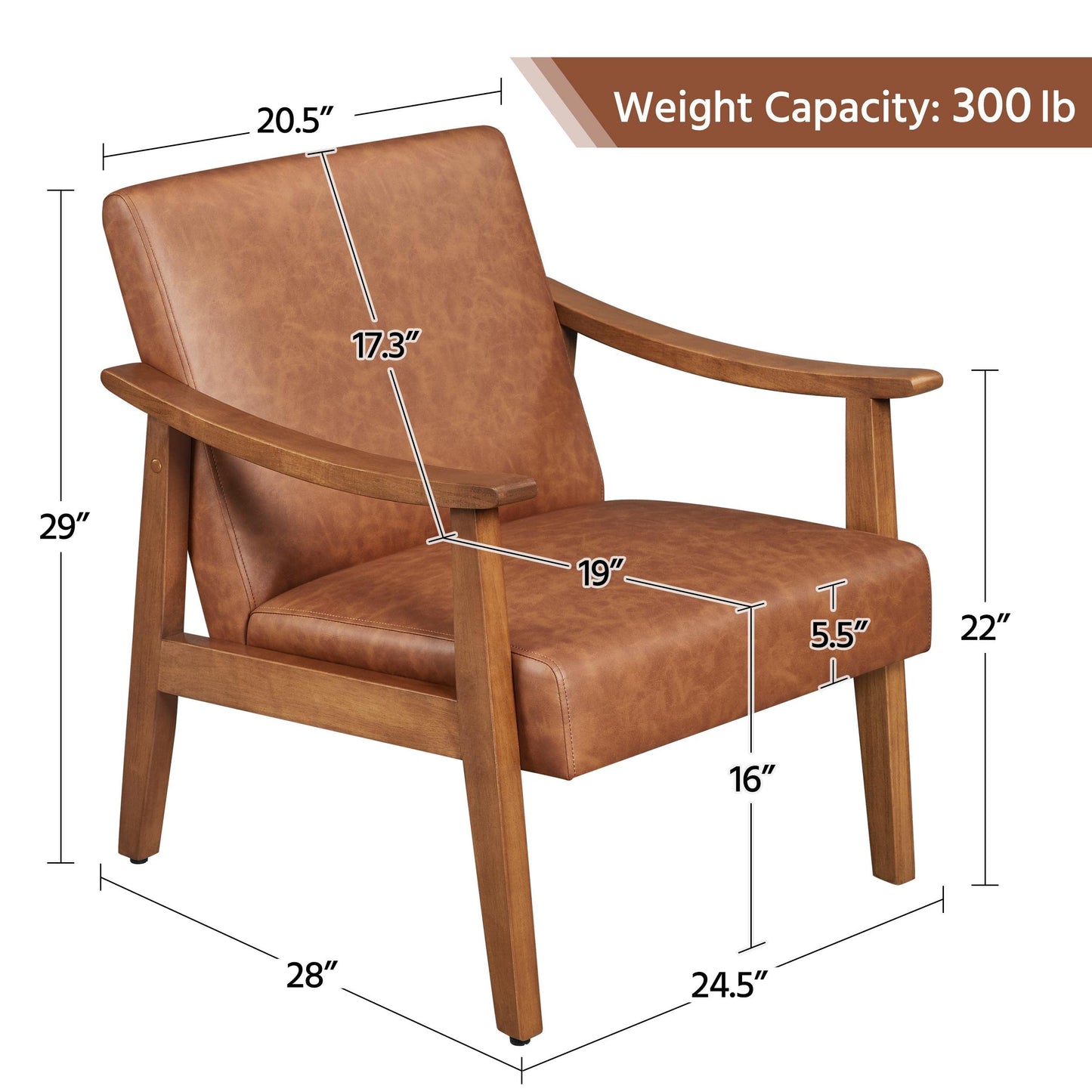 Yaheetech PU Leather Accent Chair, Mid-Century Modern Armchair with Solid Wood Legs, Reading Leisure Chair with High Back for Living Room Bedroom Waiting Room, Light Brown - WoodArtSupply