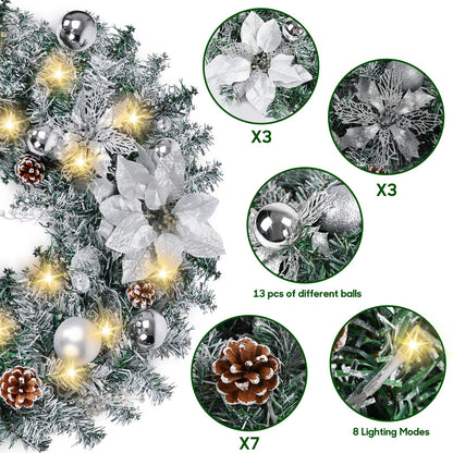 Christmas Garland with LED Lights, Battery Operated, Artificial Christmas Garland Silver Flower and Ball Ornaments Decorations for Christmas Decorations and Holiday Mantle Decor, 6FT