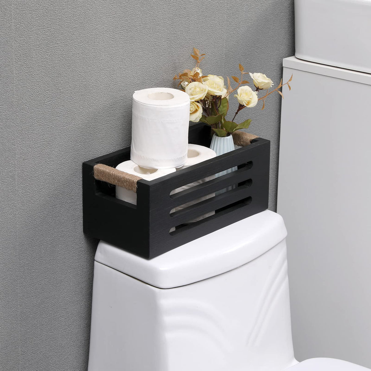 HXGONYI Bathroom Decor Box Toilet Tank Basket Toilet Paper Holder,Wood Bathroom Baskets with Handles,Farmhouse Rustic Wood Storage Box For Kitchen,Office,Bedroom,Closet 12 x 5.9 x4.9inch,Black HXGONYI