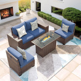 VONZOY 5 Piece Patio Furniture Set with Fire Pit Table, Wide Armrest Modular Outdoor Conversation Sets Brown PE Wicker Rattan Sectional Sofa, 4'' Thickened Cushion Navy Blue VONZOY