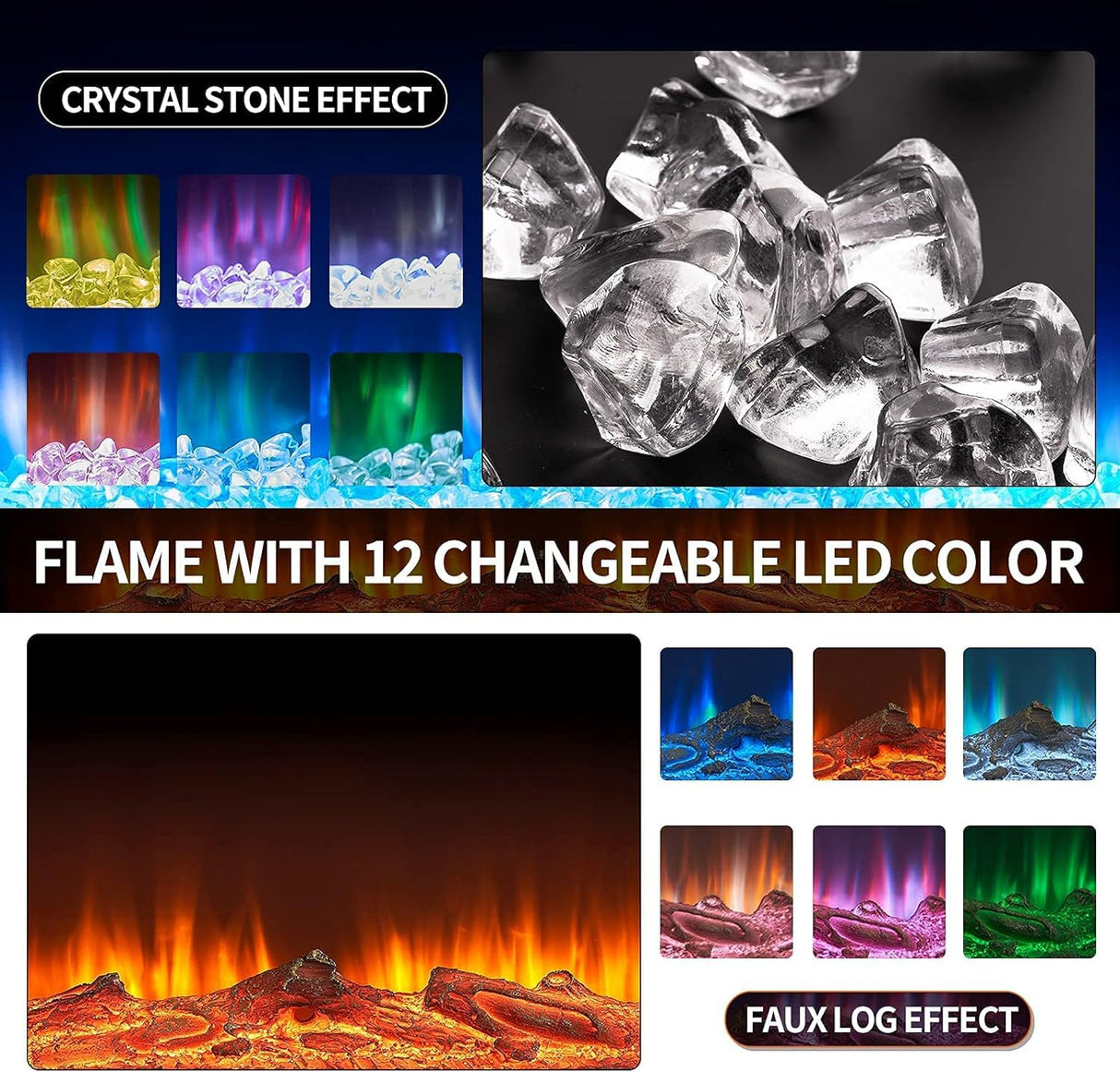 oneinmil Electric Fireplace, 50 inch Wide Recessed/Wall Mounted Electric Fireplace, Remote Control with Timer 12 Adjustable Color Flame, Remote Control,with Crystal Stone, 750/1500W oneinmil