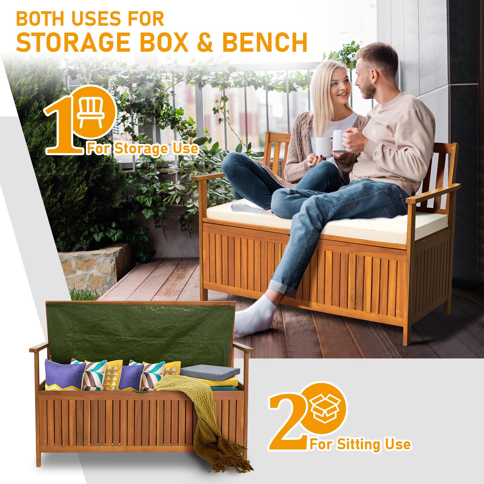 Outvita 47 Inch Acacia Wood Outdoor Storage Bench with Cushion - 43 Gallon Waterproof Deck Box for Garden and Patio - WoodArtSupply