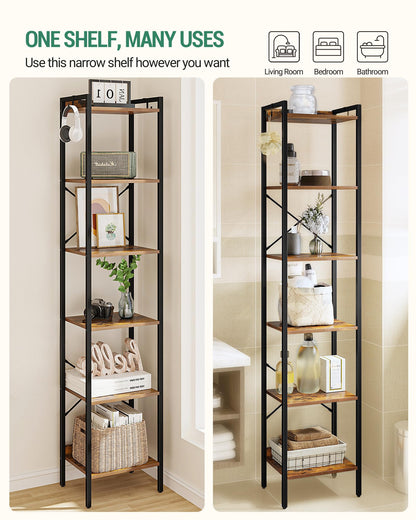 Hzuaneri 6-Tier Rustic Brown Industrial Bookshelf with Hooks for Space-Saving Storage - WoodArtSupply