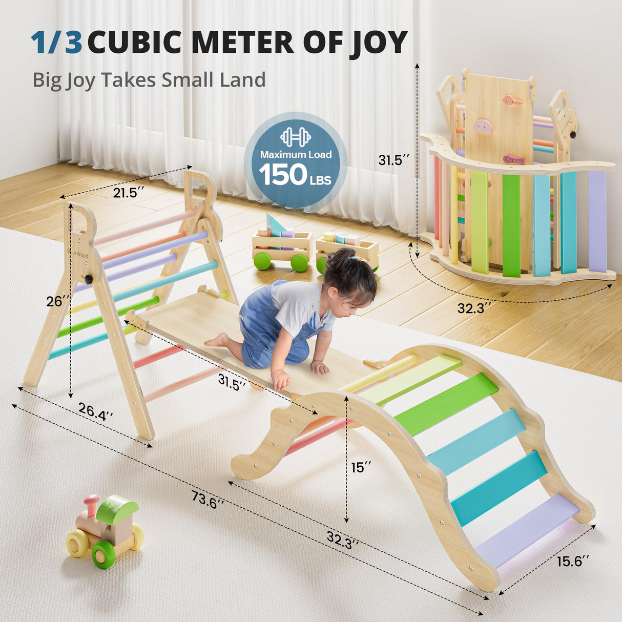 BlueWood Pikler Triangle Set, Toddler Wooden Climbing Toys Indoor 7in1 Foldable Climber for Kids, Montessori Philosophy Play Jungle Gym with Arch, Ramp, Ladder (Colorful Spring) BlueWood