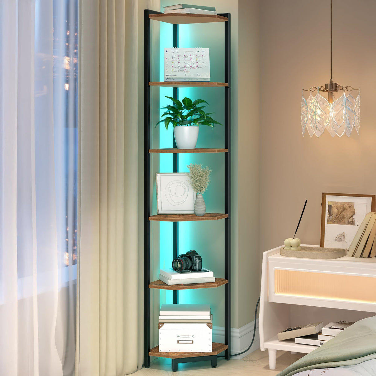 Hzuaneri Corner Shelf with LED Light, 6-Tier Corner Bookshelf, Tall Narrow Display Bookcase with Metal Frame, Standing Shelf for Small Space, Living Room, Home Office, Bedroom, Rustic Brown CS66601B Hzuaneri