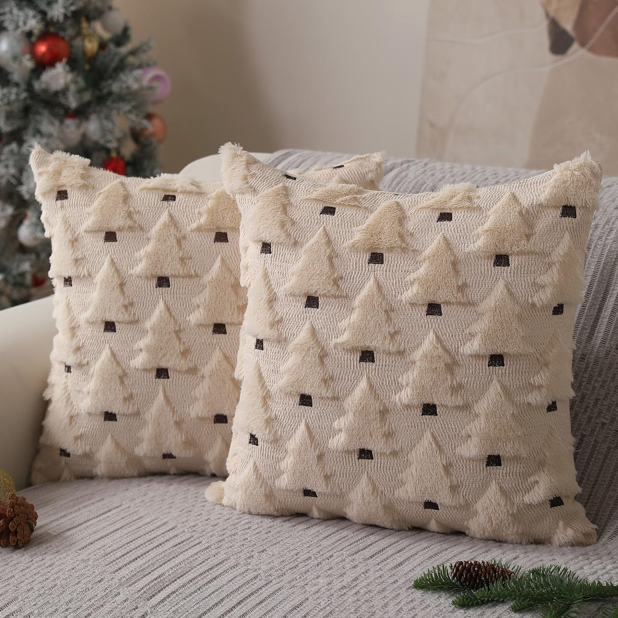Allorry Christmas Pillow Covers 18x18 inch Set of 2 Xmas Decorations Soft Plush Faux Fur Wool Beige Christmas Tree Throw Pillow Cases Winter Holiday Decor for Sofa Living Room PT-002C18 Allorry
