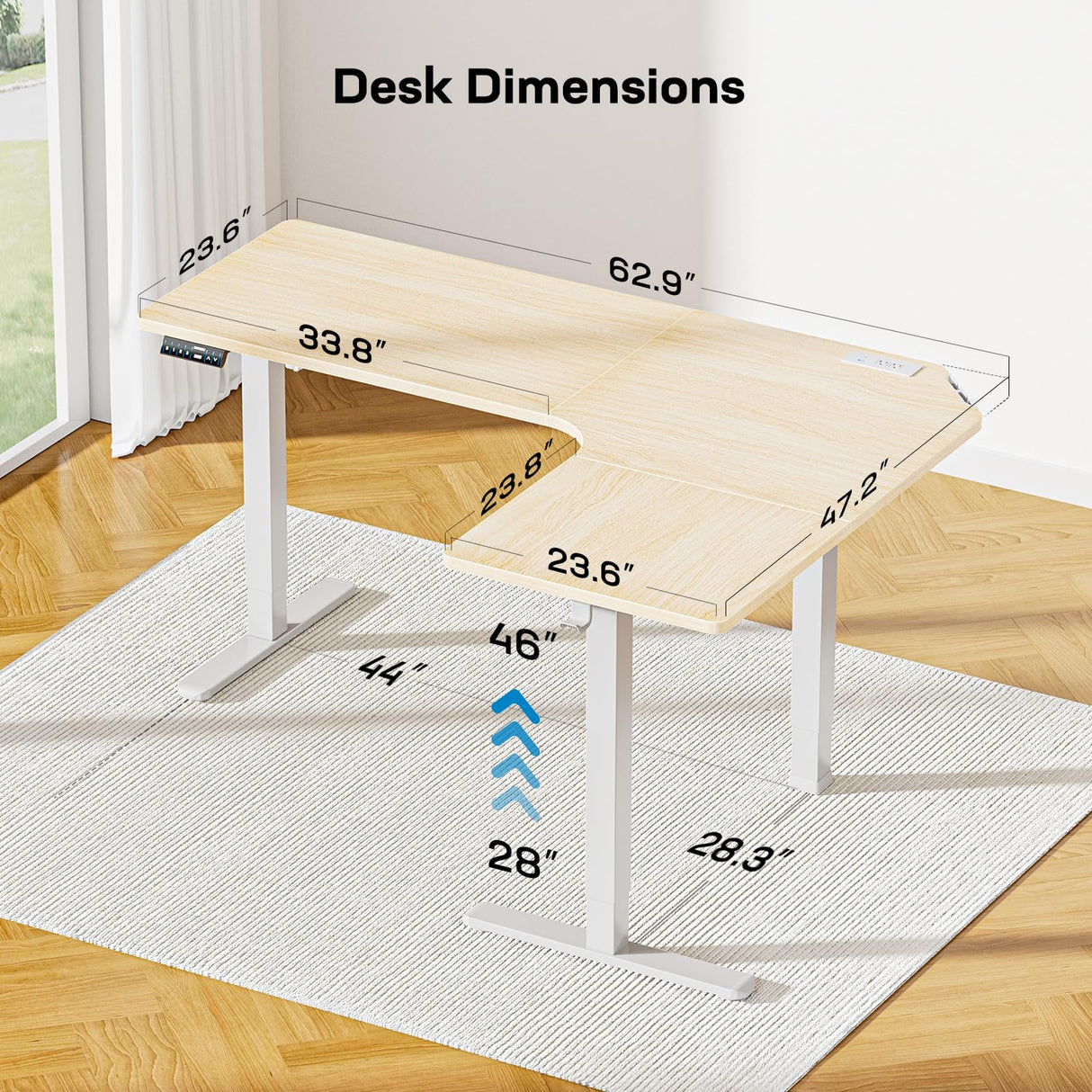 HUANUO 63″ Dual Motor L-Shaped Standing Desk, Built-in Power Outlets, Electric Height Adjustable Corner Computer Desk, Large Power Strip Holder, Sit Stand Up Desk with 3 Preset Heights, Natural Wood HUANUO