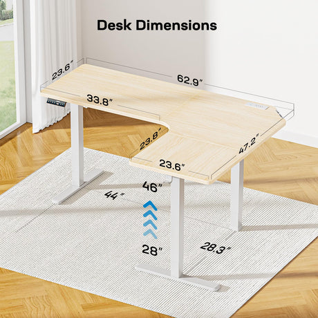 HUANUO 63″ Dual Motor L-Shaped Standing Desk, Built-in Power Outlets, Electric Height Adjustable Corner Computer Desk, Large Power Strip Holder, Sit Stand Up Desk with 3 Preset Heights, Natural Wood HUANUO