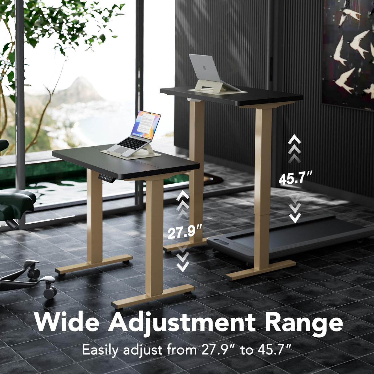 HUANUO 32" Small Electric Standing Desk Adjustable Height, 4 Memory Height Settings, Sit Stand Up Desk for Home Office & Computer Workstation, Black and Gold Frame HUANUO