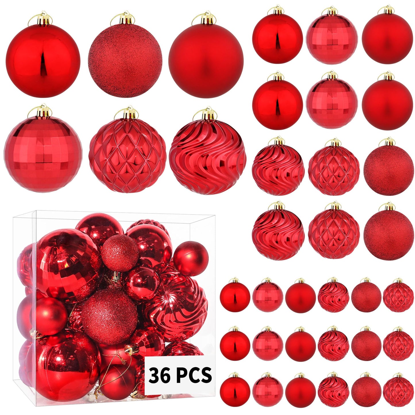 Annecy Christmas Tree Ornaments - 36 PCS Shatterproof Christmas Ball Ornaments Set for Christmas, Holiday, Wreath & Party Decorations (Multi-Size, Red)