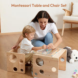 Woodtoe Kids Table and Chair Set, Montessori Weaning Table and Chair Set for Toddler, Natural Solid Wooden Activity Table Cube Chair for Drawing Reading, Montessori Playroom Gift for Children Woodtoe