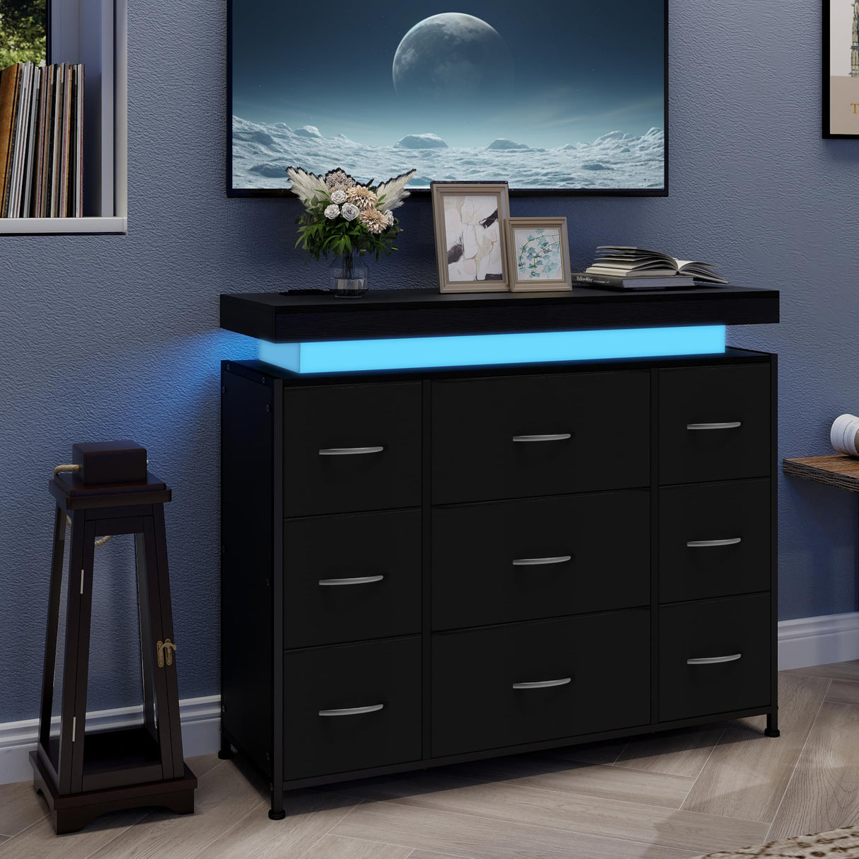 Tohomeor TV Stand 9 Drawer Dresser with Power Outlet & LED Lights, Modern Chest of Drawers Fabric Drawers with PU Finish Small TV Console Table Dresser for Living Room (Black, 9 Drawers) Tohomeor