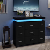 Tohomeor TV Stand 9 Drawer Dresser with Power Outlet & LED Lights, Modern Chest of Drawers Fabric Drawers with PU Finish Small TV Console Table Dresser for Living Room (Black, 9 Drawers) Tohomeor