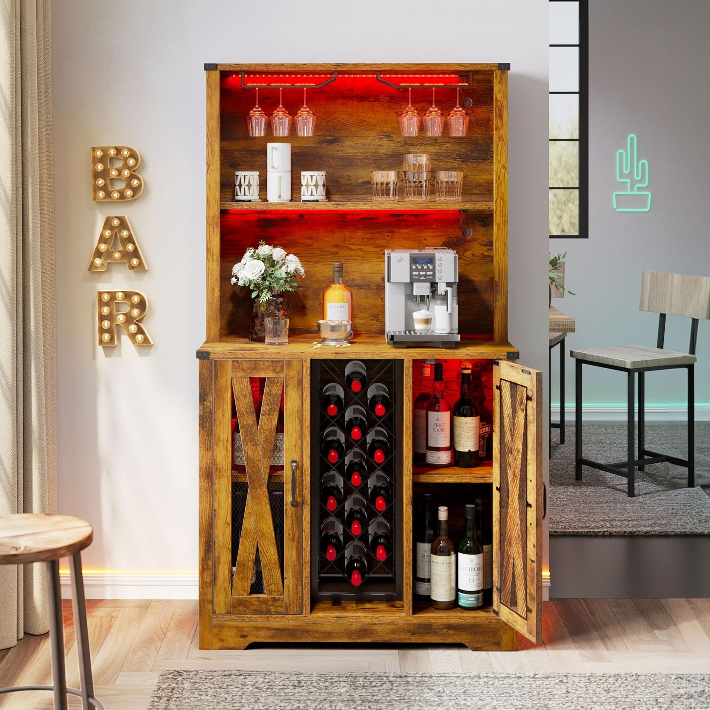 YITAHOME Wine Bar Cabinet with LEDLights, 65 Inch Farmhouse Liquor Cabinet Coffee Bar with Adjustable Shelves, Kitchen Storage Cabinet for Dinning Room, Kitchen, Living Room, Rustic Oak