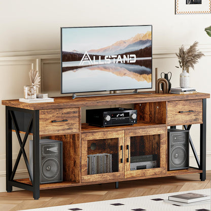 ALLSTAND TV Stand for 55 60 65 Inch TV, Entertainment Center with Fabric Drawers & Storage Cabinets, Industrial Media Console Table with Soundbar Shelf for Living Room, Bedroom, 55 Inches Rustic Brown