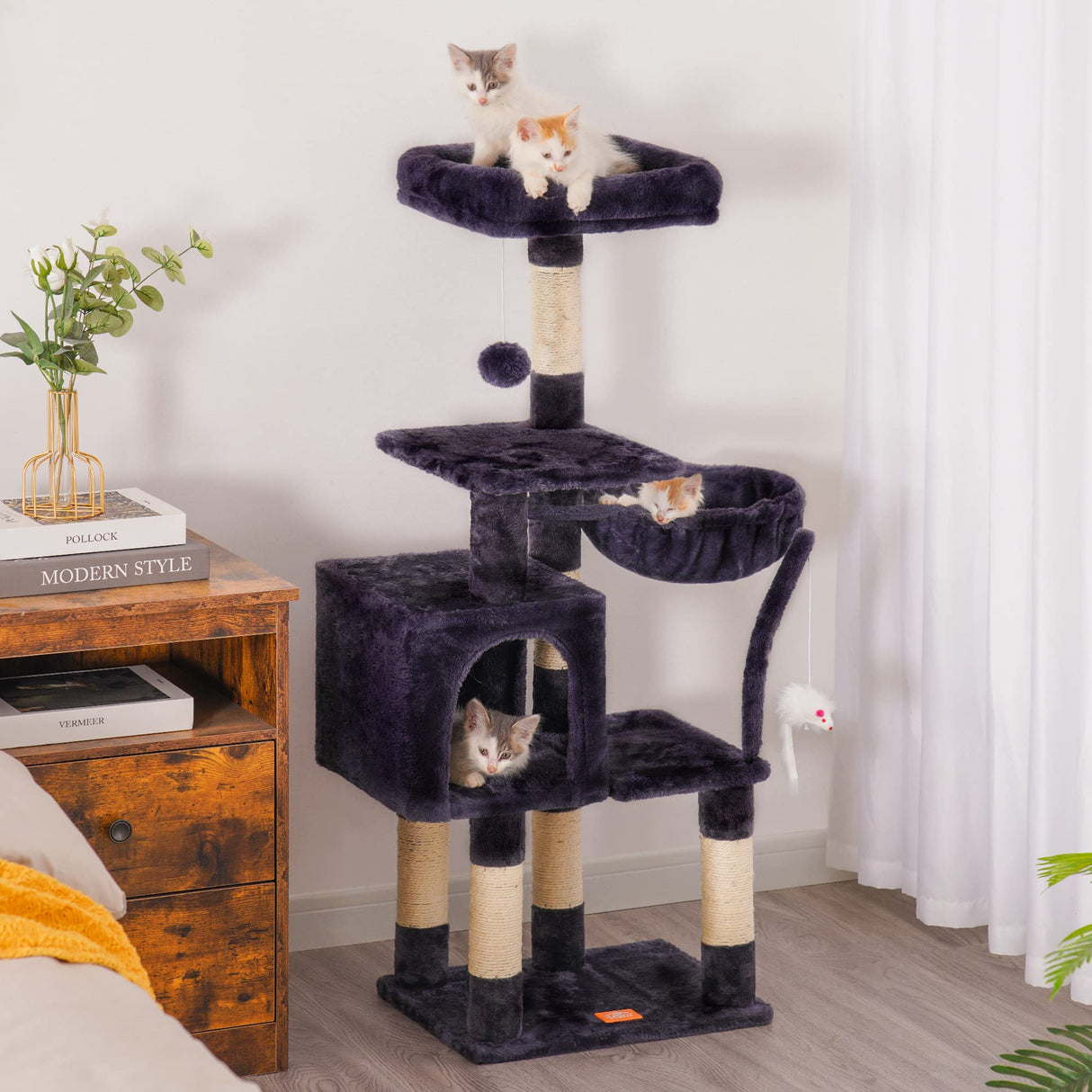 Heybly Cat Tree with Toy, Cat Tower condo for Indoor Cats, Cat House with Padded Plush Perch, Cozy Hammock and Sisal Scratching Posts, Smoky Gray HCT004SG Heybly