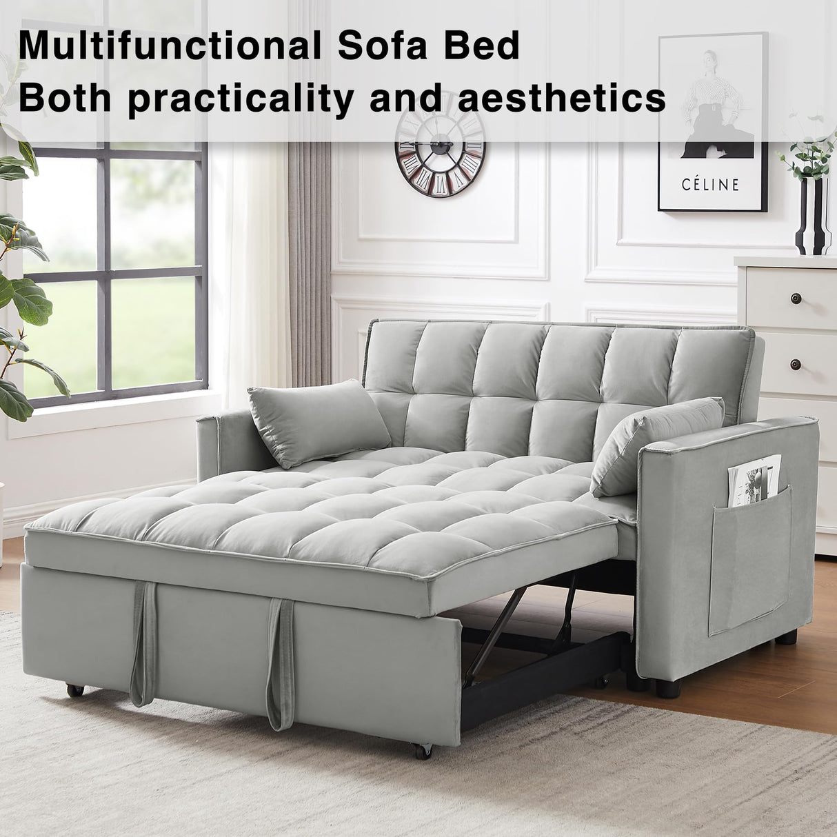 Wakefit 3 in 1 Convertible Sleeper Sofa Bed, Futon Couches for Living Room with Side Pocket | Adjustable Backrest | Velvet Fabric | Pull Out Couch | Small Loveseat | Sectional Sofa Bed(Grey) Wakefit