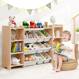 MallBest 4-Tier Kids' Toy Storage Organizer Shelf - 100% Solid Wood,Extra Wide Children's Storage Cabinet with 9 Plastic Bins and 3 Storage Ports MallBest