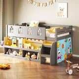 JOYMOR Low Loft Bed with LED Lights, Twin Loft Bed with Stairs, Safety Guardrail, Curtain, Wooden Bed Frame for Kids with Storage Bookcase and Under-Bed Play Space (Gray) JOYMOR