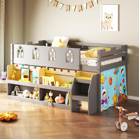 JOYMOR Low Loft Bed with LED Lights, Twin Loft Bed with Stairs, Safety Guardrail, Curtain, Wooden Bed Frame for Kids with Storage Bookcase and Under-Bed Play Space (Gray) JOYMOR