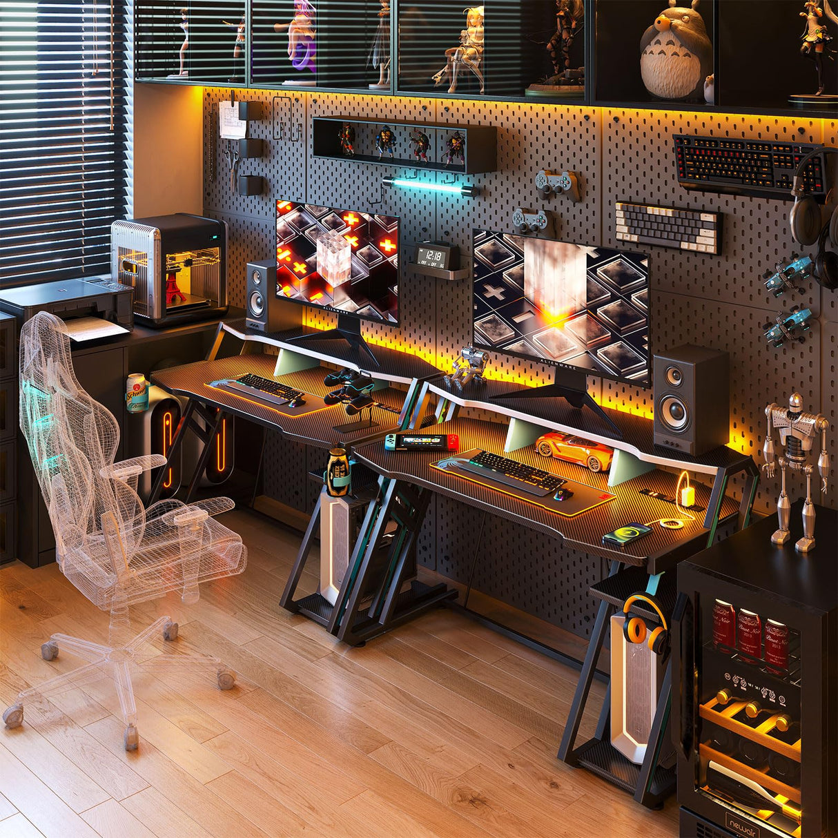 MOTPK Gaming Desk with Power Outlet & LED Lights, Gaming Computer Desk 47inch with PC Storage Shelf, Gaming Table with Carbon Fiber Texture, Gamer Desk, Gift for Boys Men, Black MOTPK