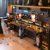 MOTPK Gaming Desk with Power Outlet & LED Lights, Gaming Computer Desk 47inch with PC Storage Shelf, Gaming Table with Carbon Fiber Texture, Gamer Desk, Gift for Boys Men, Black MOTPK