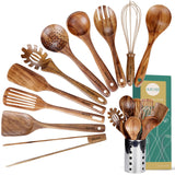 Kitchen Utenails Set with Holder,Kitchen Wooden Utensils for Cooking, Wood Utensil Natural Teak Wood Spoons for Cooking,Wooden Kitchen Utensil Set With Spatula and Ladle (11) AIUHI