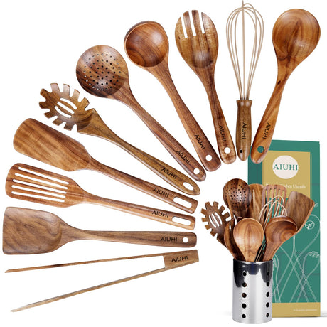 Kitchen Utenails Set with Holder,Kitchen Wooden Utensils for Cooking, Wood Utensil Natural Teak Wood Spoons for Cooking,Wooden Kitchen Utensil Set With Spatula and Ladle (11) AIUHI