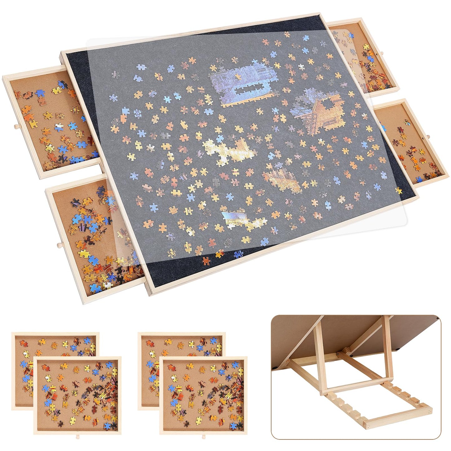 1500 Piece Wooden Jigsaw Puzzle Board with 5-Adjustable-Angle Stand 4 Large Drawers 35”X 27” Protable Puzzle Table|Felt Surface and Translucent Cover Mat,Portable Puzzle Tables for Adults and Kids