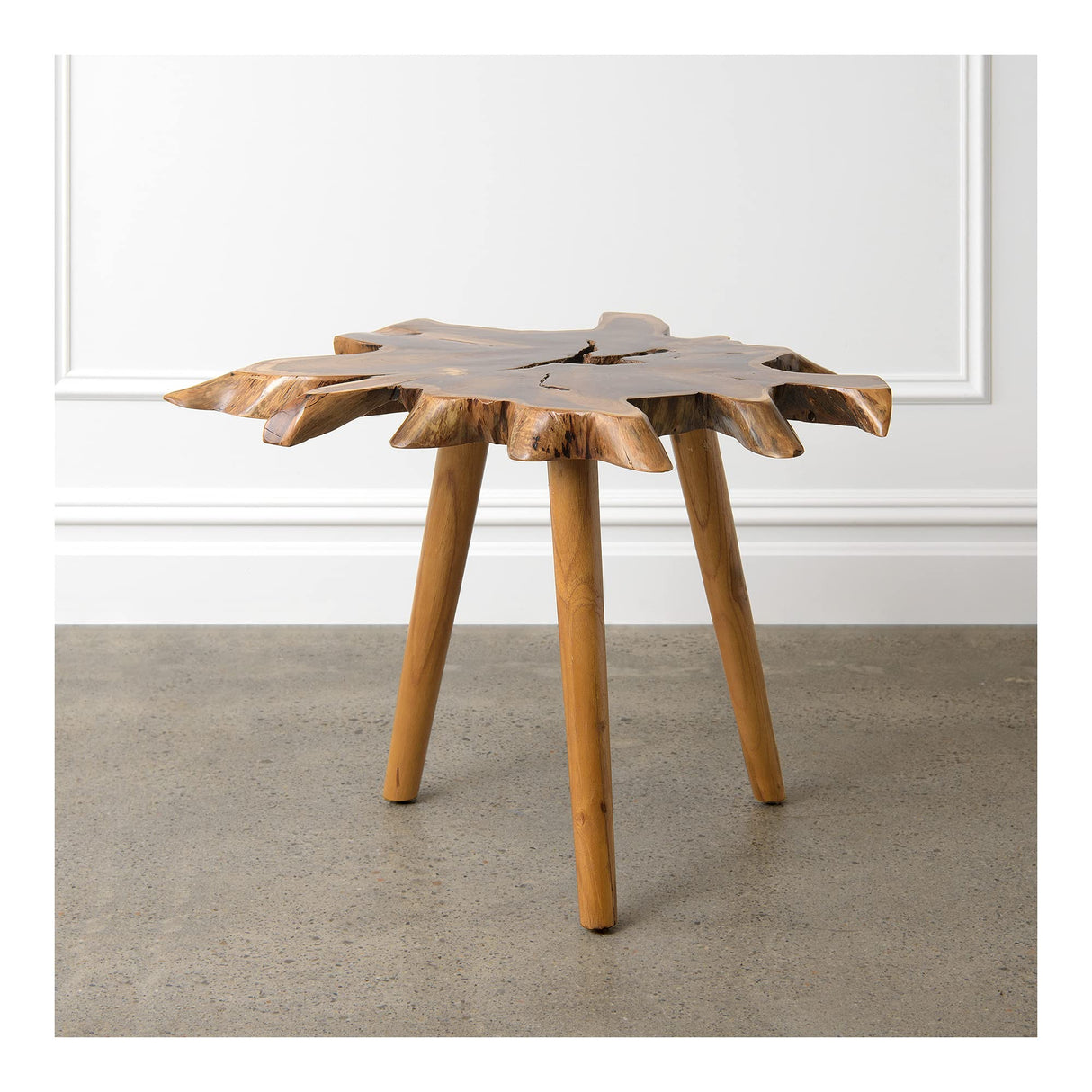 Solid Teak Slab Live Edge Side Table with Burnt Edge and Bubut Wood Legs for Living Room, Bedroom and Office Natural Shape Accent Table, Night Stand - Natural - 20” L x 18” W x 22” H BEST HOME FASHION