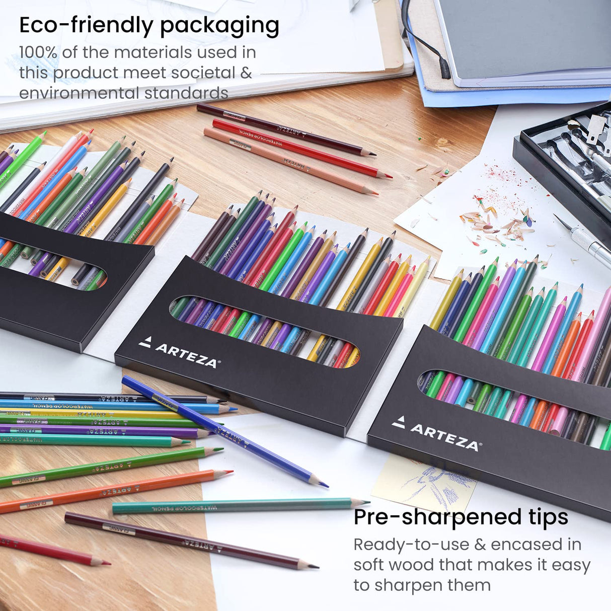 ARTEZA 72 Watercolor Pencils, Water Color Pencils in Assorted Shades, Triangular Shape Drawing Pencils ARTEZA