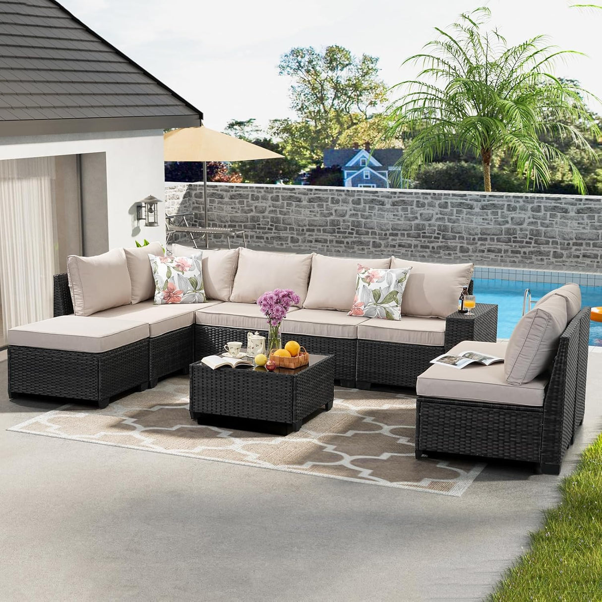 Jing's Villa 9-Piece Patio Furniture Set, All-Weather Outdoor Wicker Sectional Sofa with Cushions, Tempered Glass Table & Ottoman, Rattan Conversation Seating for Porch, Garden, Backyard,Beige Jing's Villa
